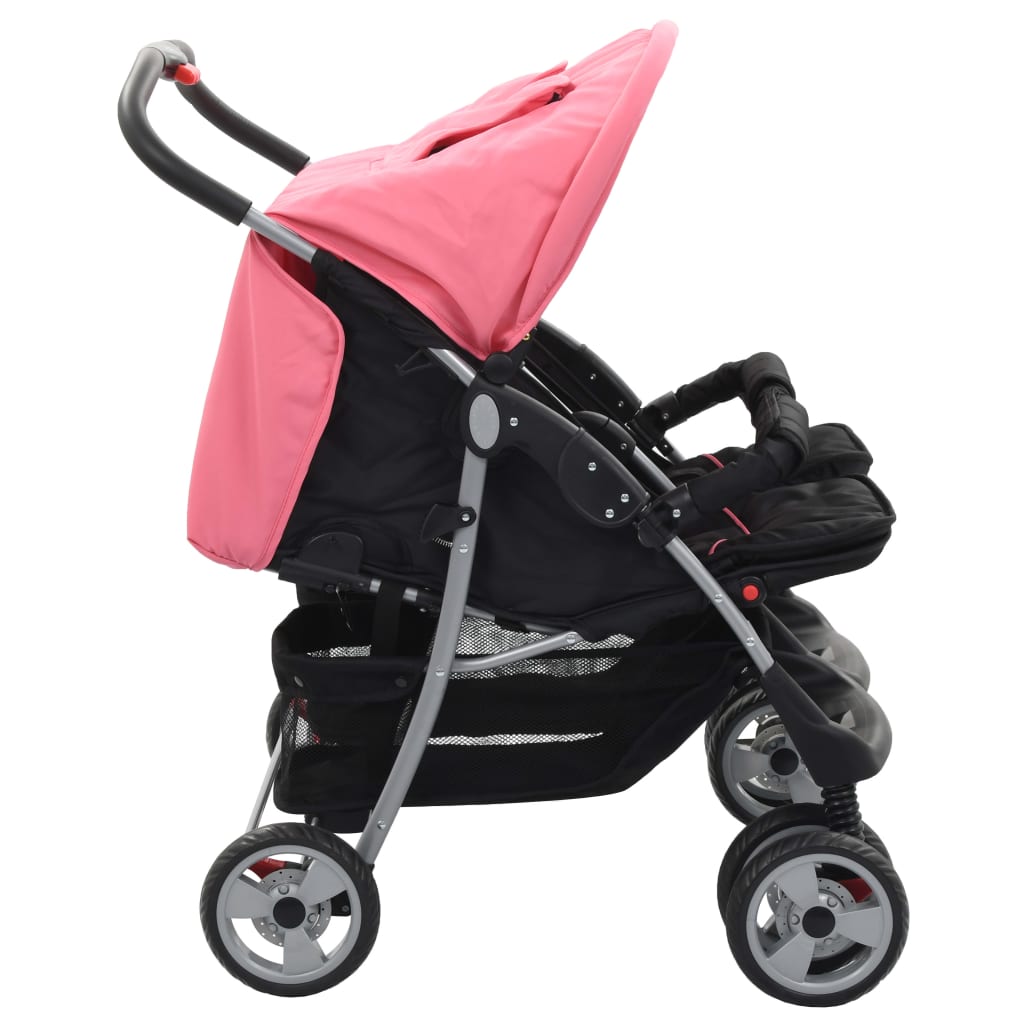 vidaXL Vaikiškas vežimėlis dvynukams, rožinės ir juodos spal., plienas