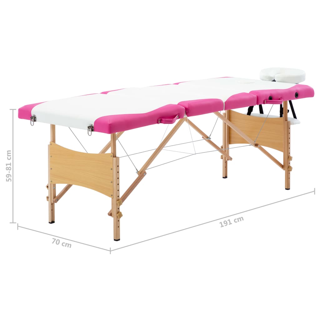 vidaXL Sulankstomas masažo stalas, baltas ir rožinis, mediena, 4 zonų