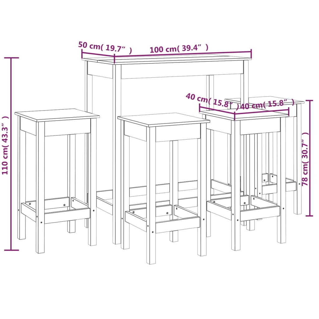 vidaXL Baro baldų komplektas, 5 dalių, pilkas, pušies medienos masyvas
