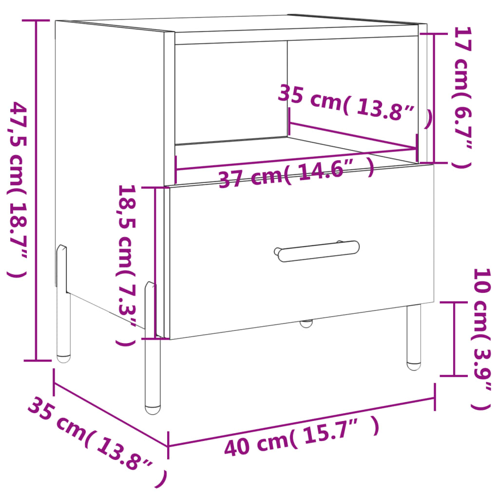 vidaXL Naktinė spintelė, balta, 40x35x47,5cm, apdirbta mediena