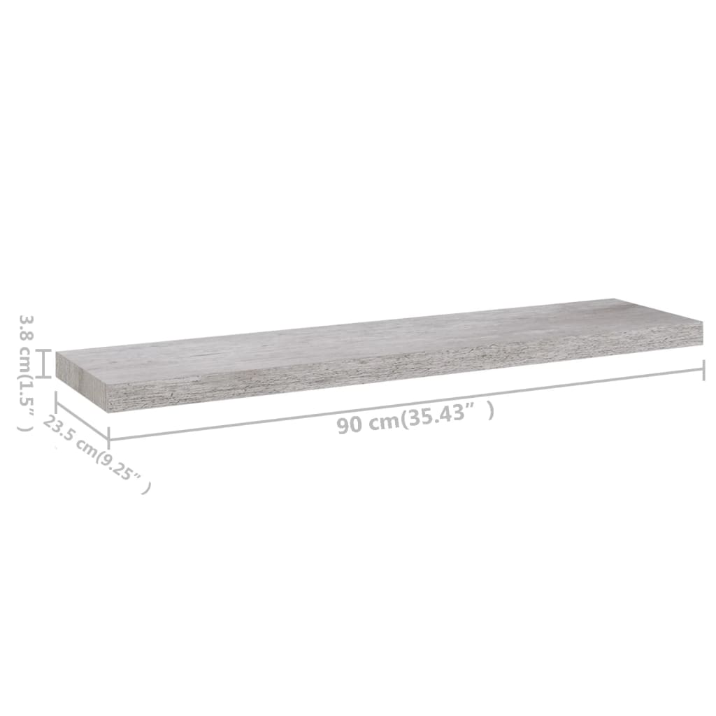 vidaXL Pakabinamos lentynos, 4vnt., betono pilkos, 90x23,5x3,8cm, MDF