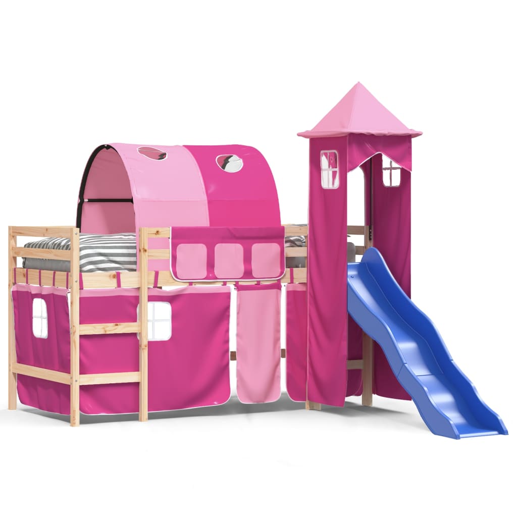 vidaXL Aukšta vaikiška lova su bokštu, rožinė, 80x200cm, pušis