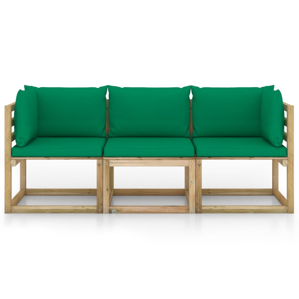 vidaXL Trivietė sodo sofa su žaliomis pagalvėlėmis