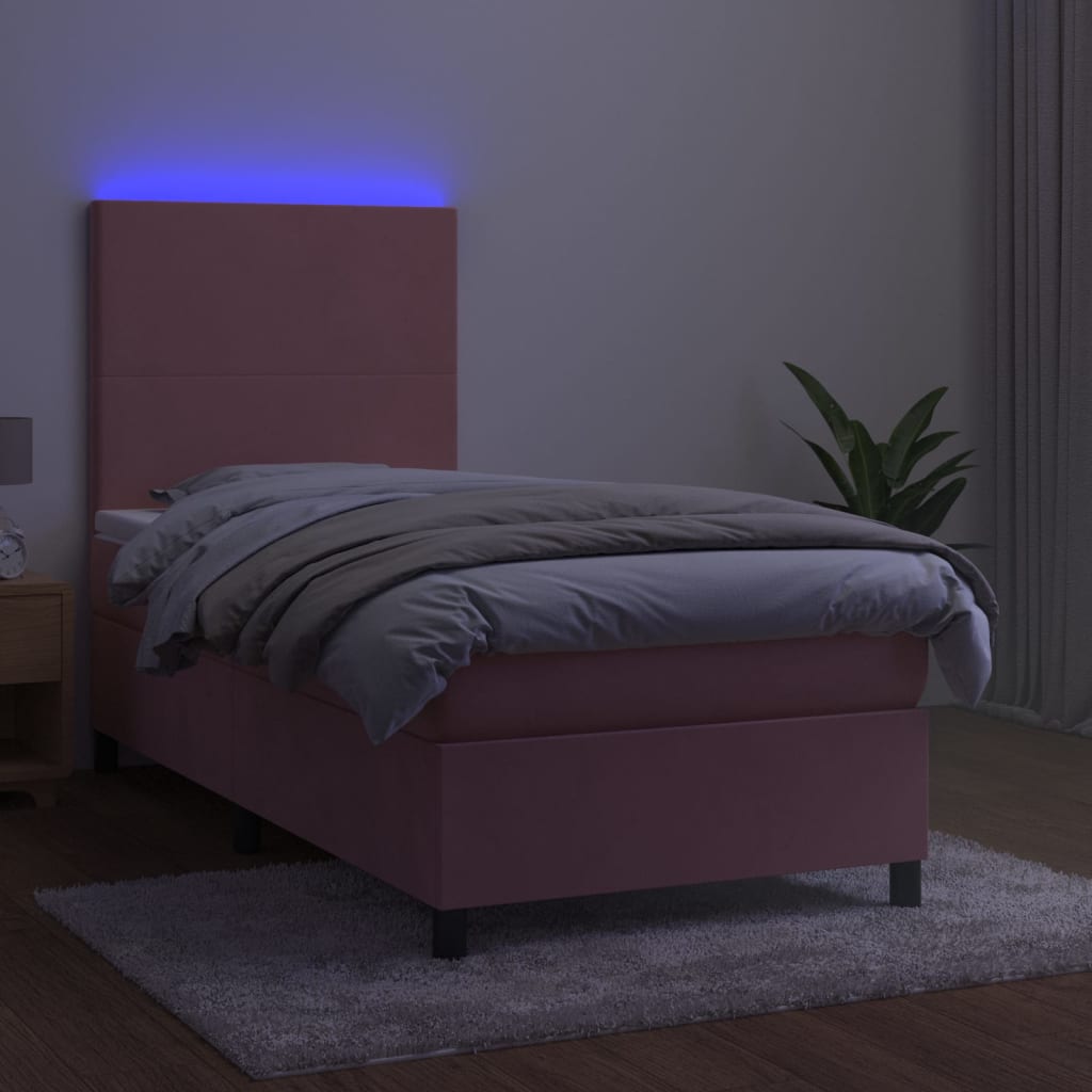vidaXL Lova su spyruoklėmis/čiužiniu/LED, rožinė, 90x190cm, aksomas