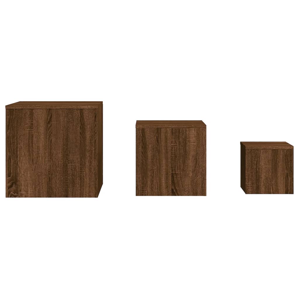 vidaXL Šoniniai staliukai, 3vnt., rudi ąžuolo, apdirbta mediena