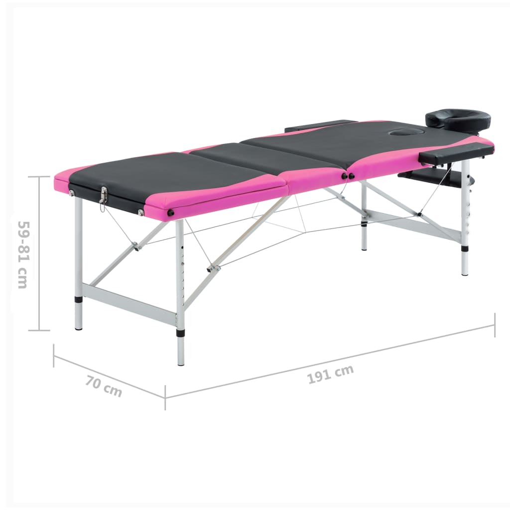 vidaXL Sulankstomas masažo stalas, juodas/rožinis, aliuminis, 3 zonų
