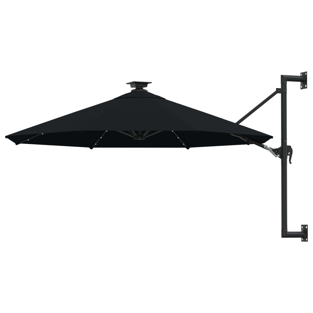 vidaXL Prie sienos montuojamas skėtis su LED/stulpu, juodas, 300cm
