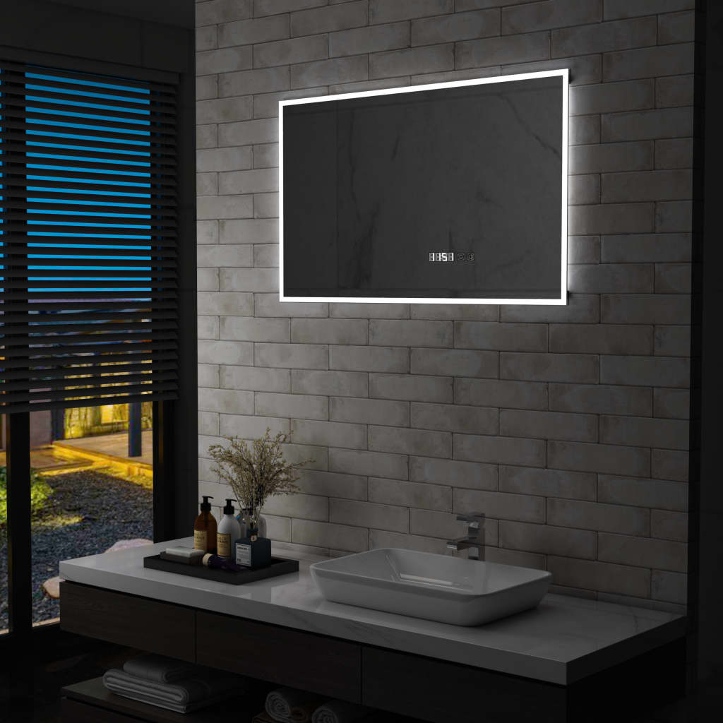vidaXL Vonios kambario LED veidrodis su jutikliu/laikrodžiu, 100x60cm