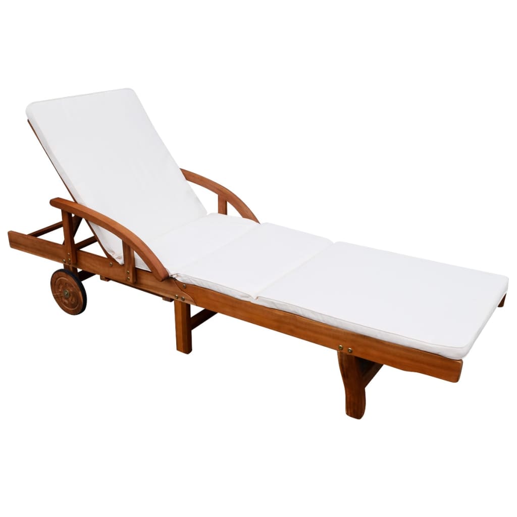 vidaXL Saulės gultas su pagalvėle ir ratais, akacijos mediena