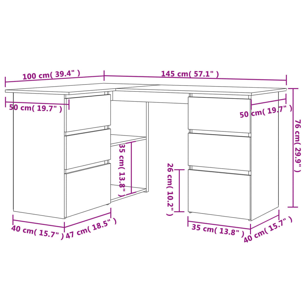 vidaXL Kampinis rašomasis stalas, baltas, 145x100x76cm, MDP, blizgus