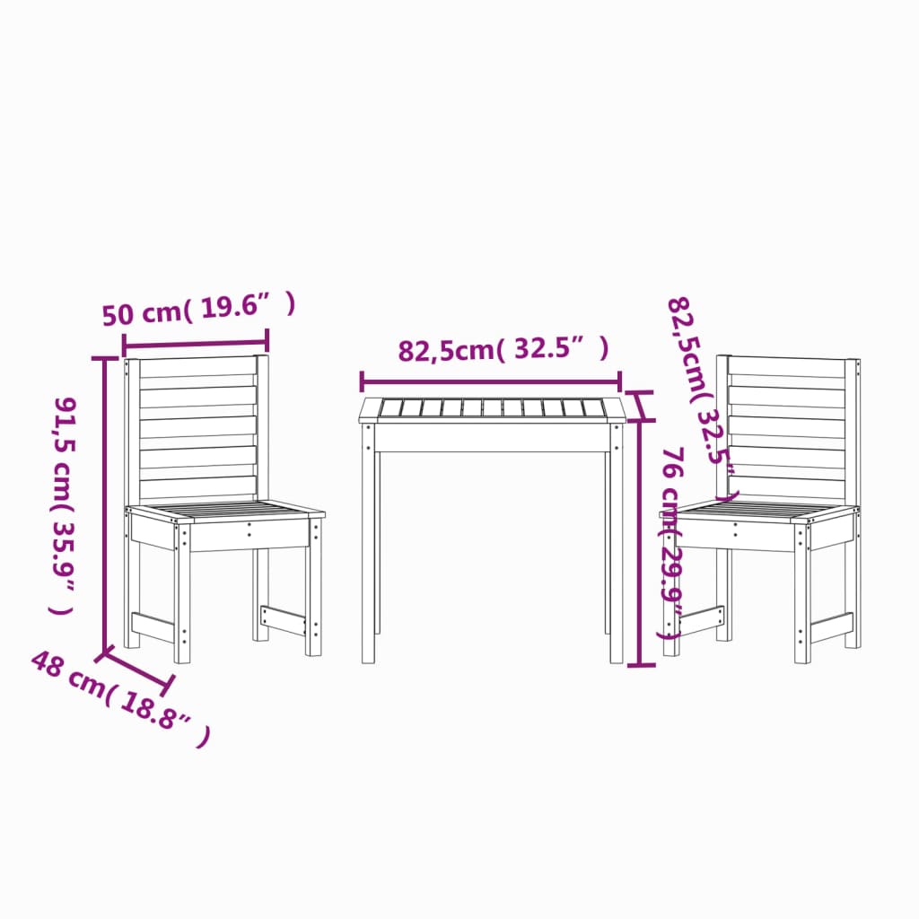 vidaXL Sodo bistro baldų komplektas, 3 dalių, juodas, pušies masyvas