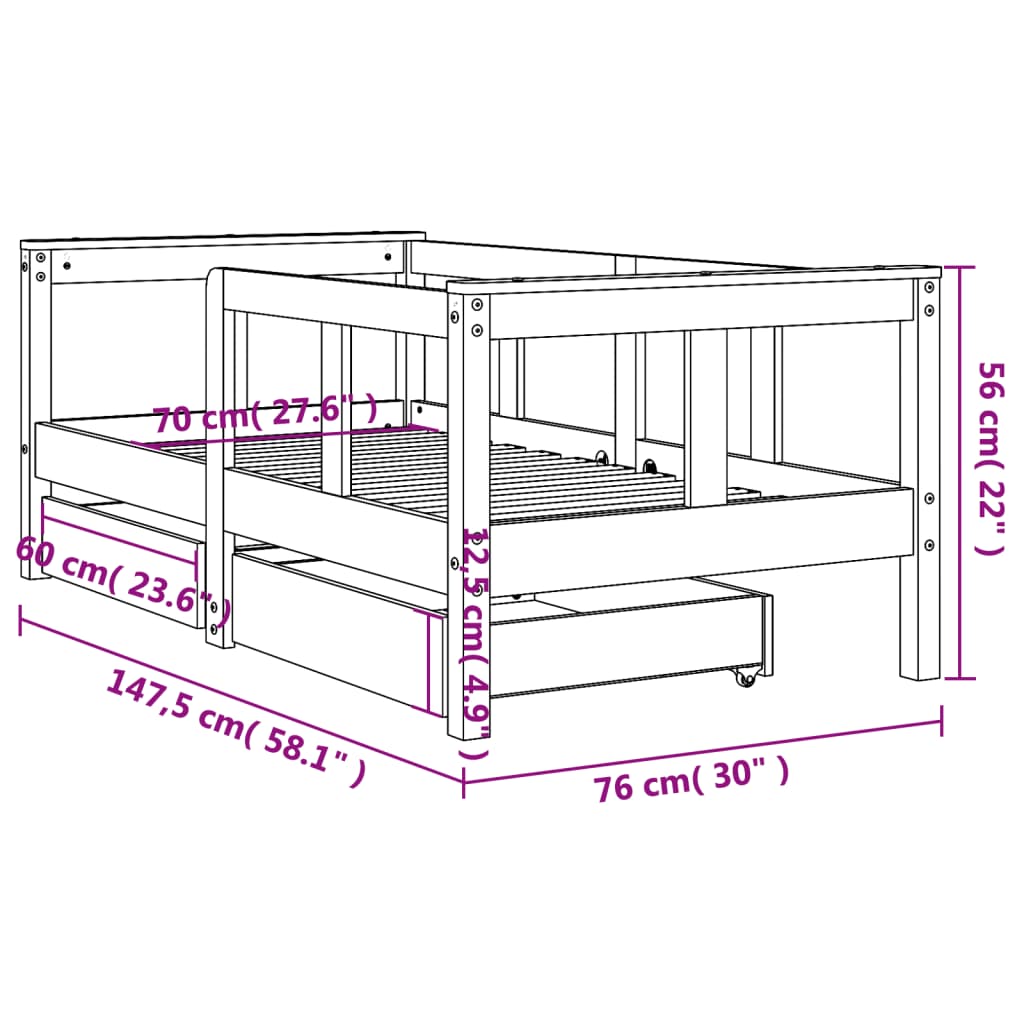 vidaXL Vaikiškos lovos rėmas su stalčiais, 70x140cm, pušies masyvas