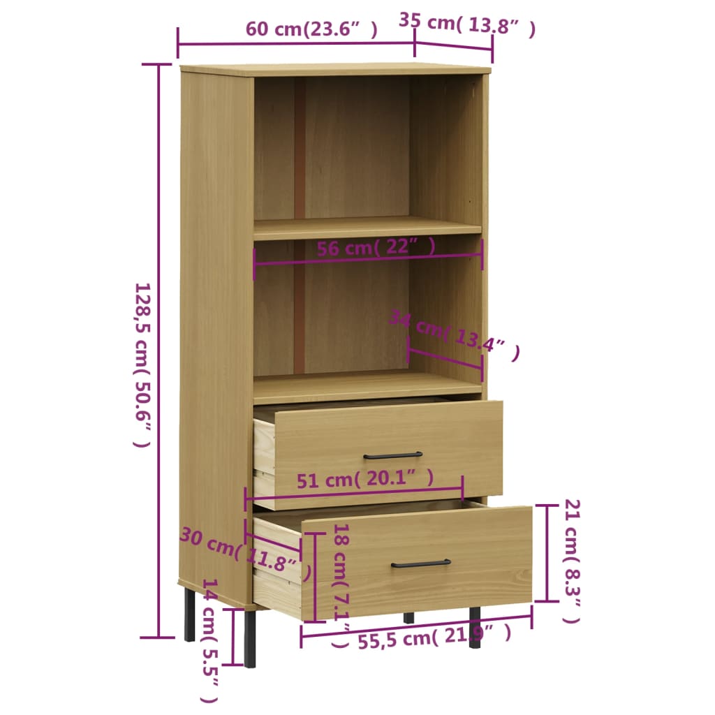 vidaXL Knygų spinta su 2 stalčiais, ruda, 60x35x128,5cm, mediena, OSLO
