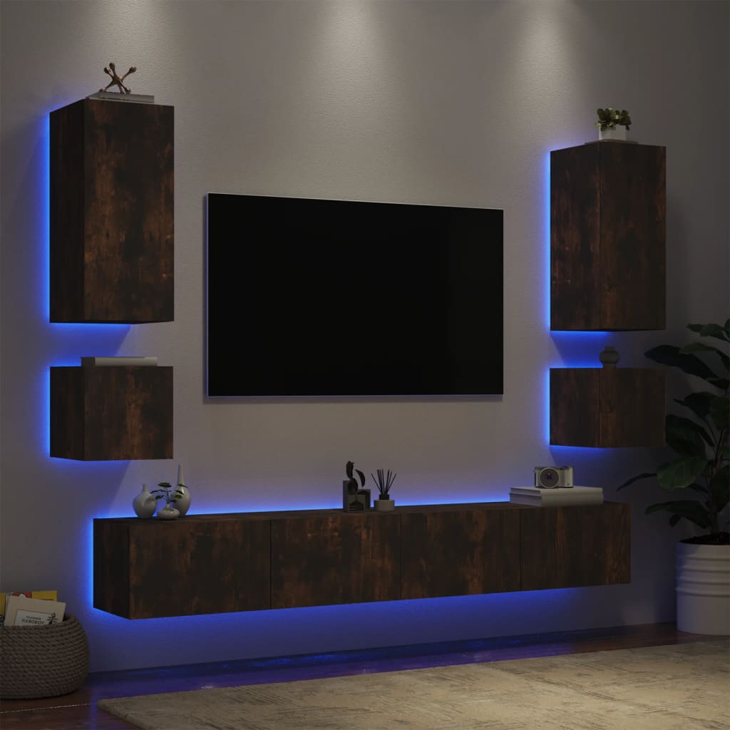 vidaXL Sieninės TV spintelės su LED lemputėmis, 6 dalių, dūminės