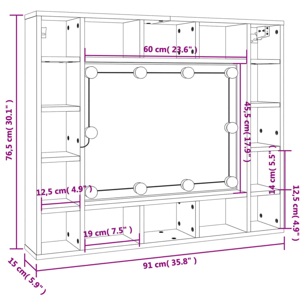 vidaXL Veidrodinė spintelė su LED apšvietimu, ruda, 91x15x76,5cm