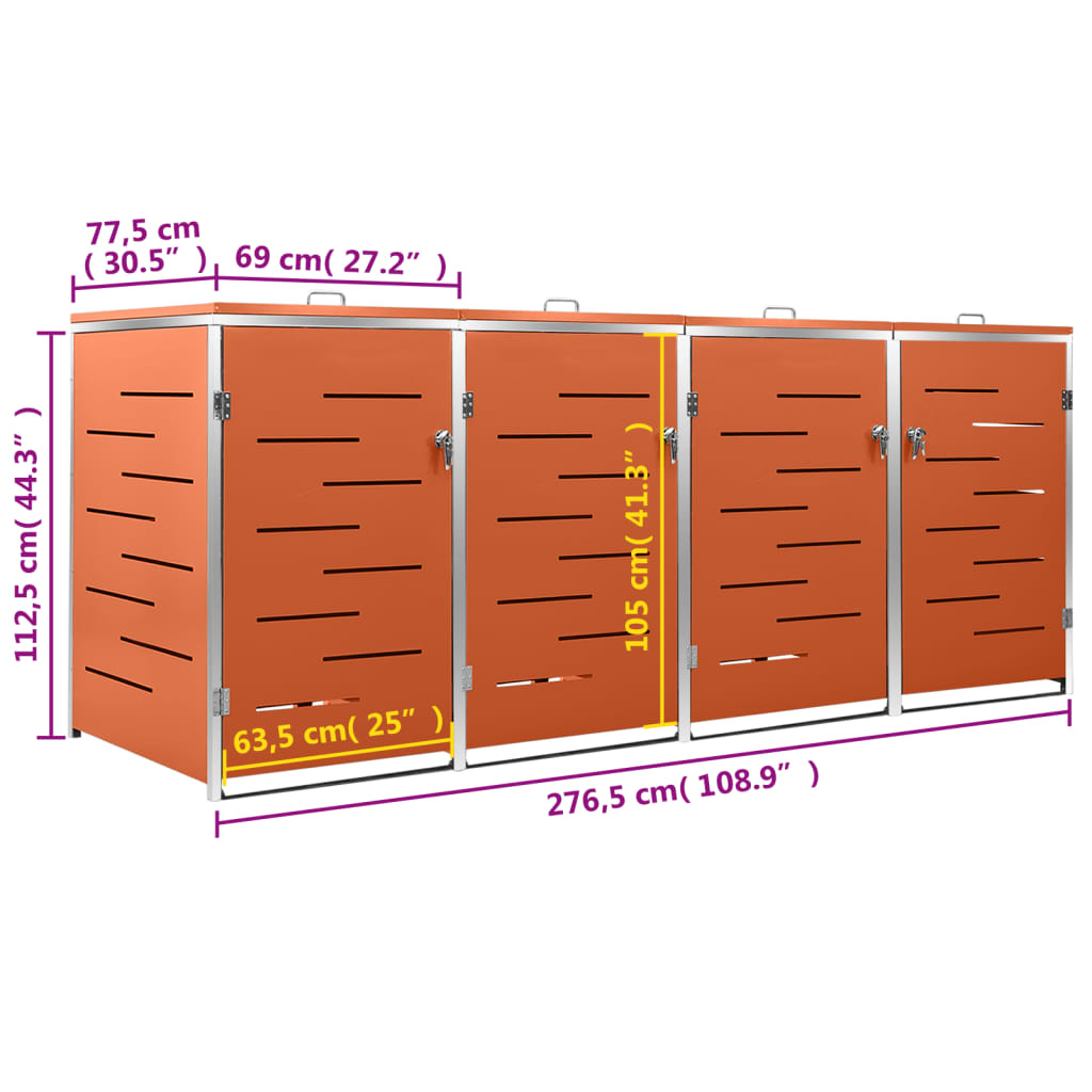 vidaXL Keturvietė konteinerių pastogė, 276,5x77,5x112,5 cm, plienas
