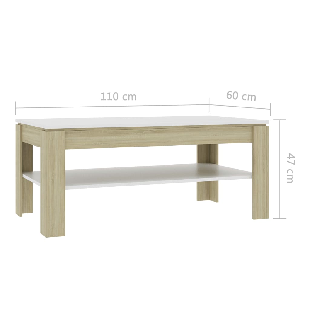 vidaXL Kavos staliukas, baltos ir ąžuolo spalvos, 110x60x47cm, MDP