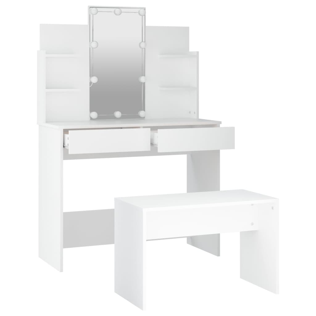 vidaXL Kosmetinio staliuko komplektas su LED, baltas, apdirbta mediena