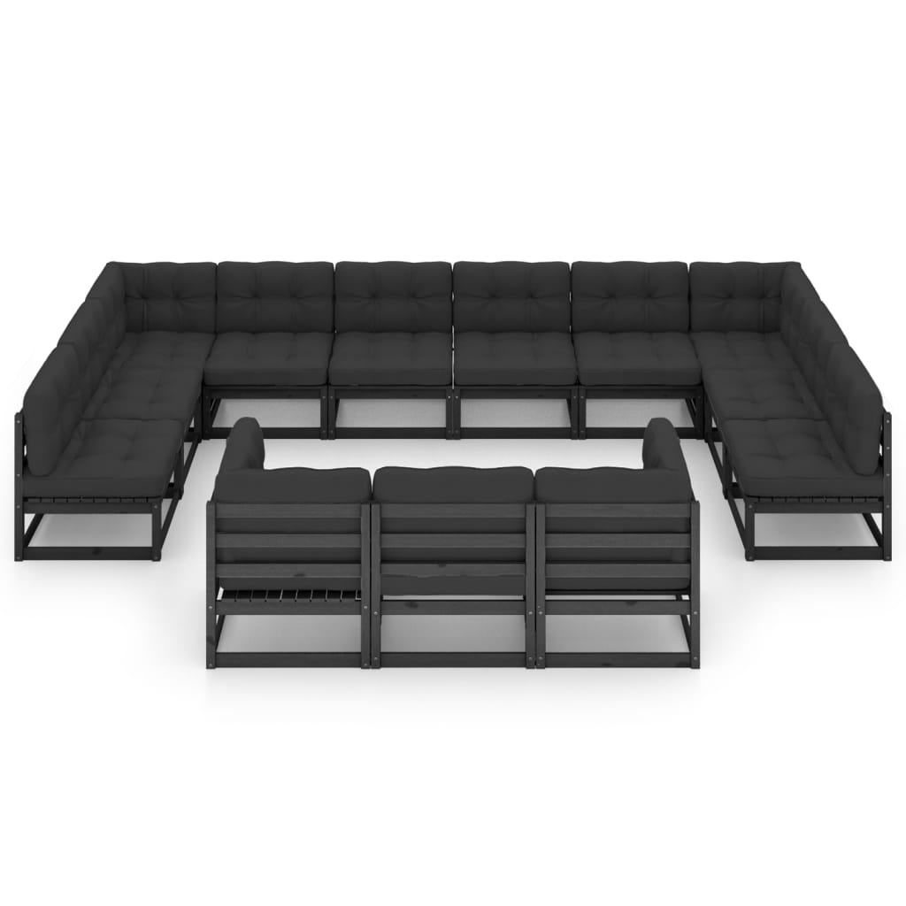 vidaXL Sodo komplektas su pagalvėmis, 13 dalių, juodas, pušies masyvas