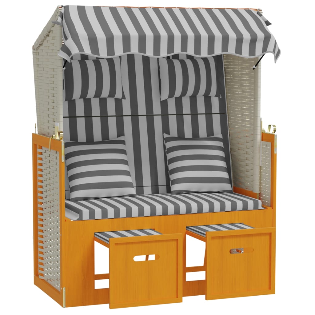 vidaXL Paplūdimio kėdė su pagalvėmis, balta/pilka, poliratanas/mediena