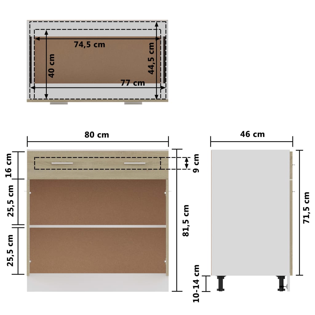 vidaXL Apatinė spintelė su stalčiumi, ąžuolo, 80x46x81,5cm, MDP