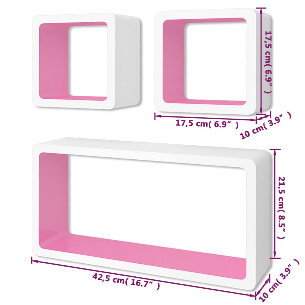 Pakabinamos sieninės eksponavimo lentynos, 3vnt., baltos/rožinės, MDF