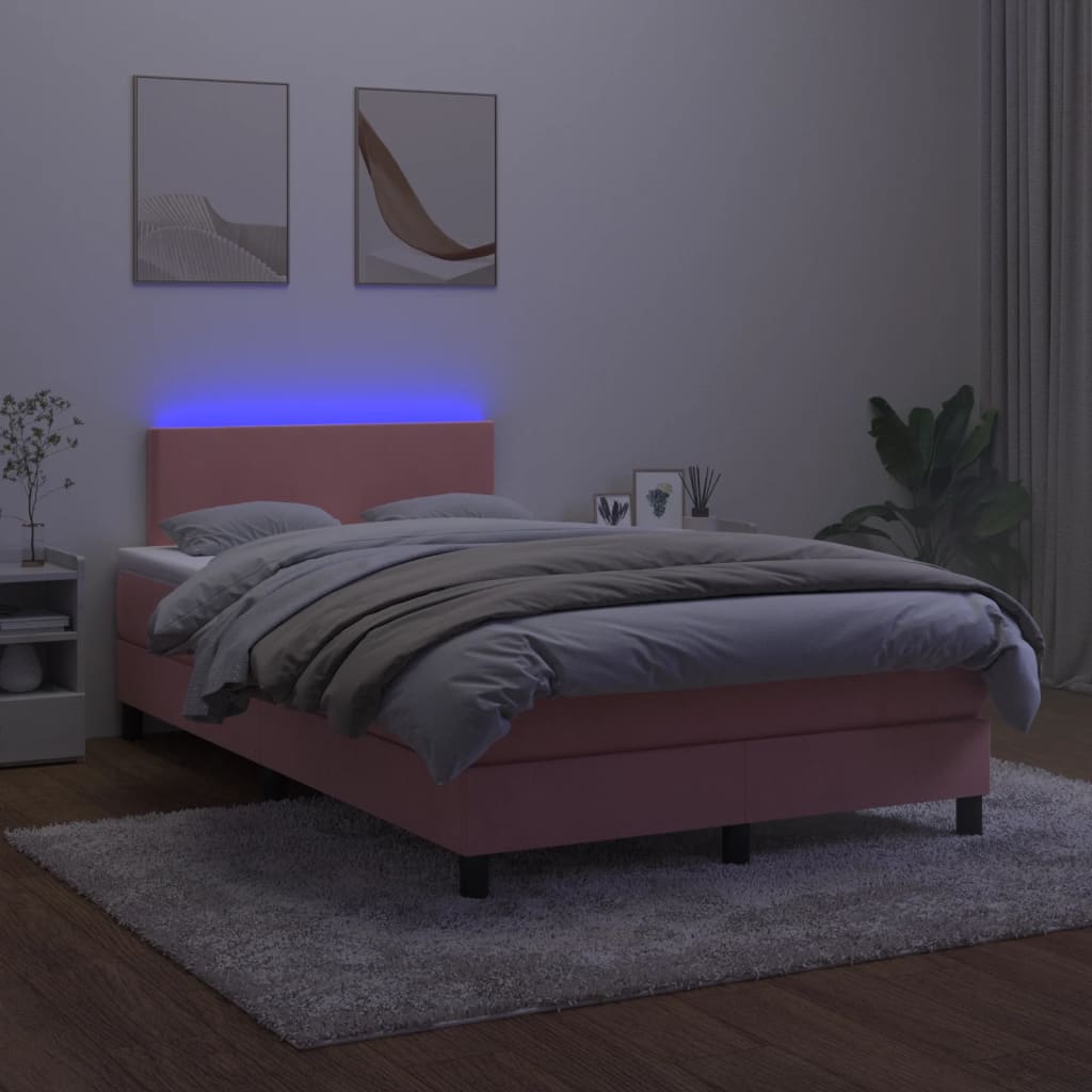 vidaXL Lova su spyruoklėmis/čiužiniu/LED, rožinė, 120x200cm, aksomas