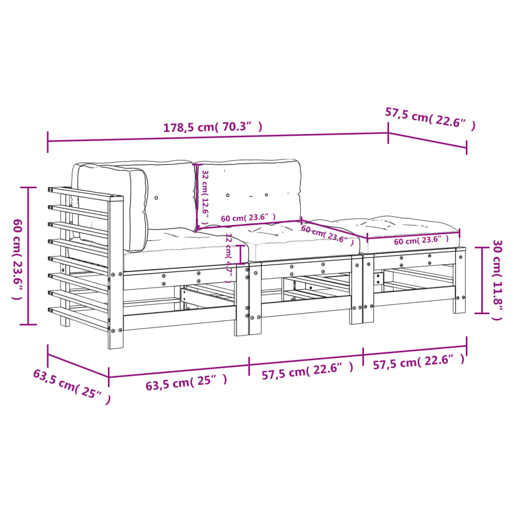 vidaXL Sodo komplektas su pagalvėlėmis, 3 dalių, pilkas, mediena