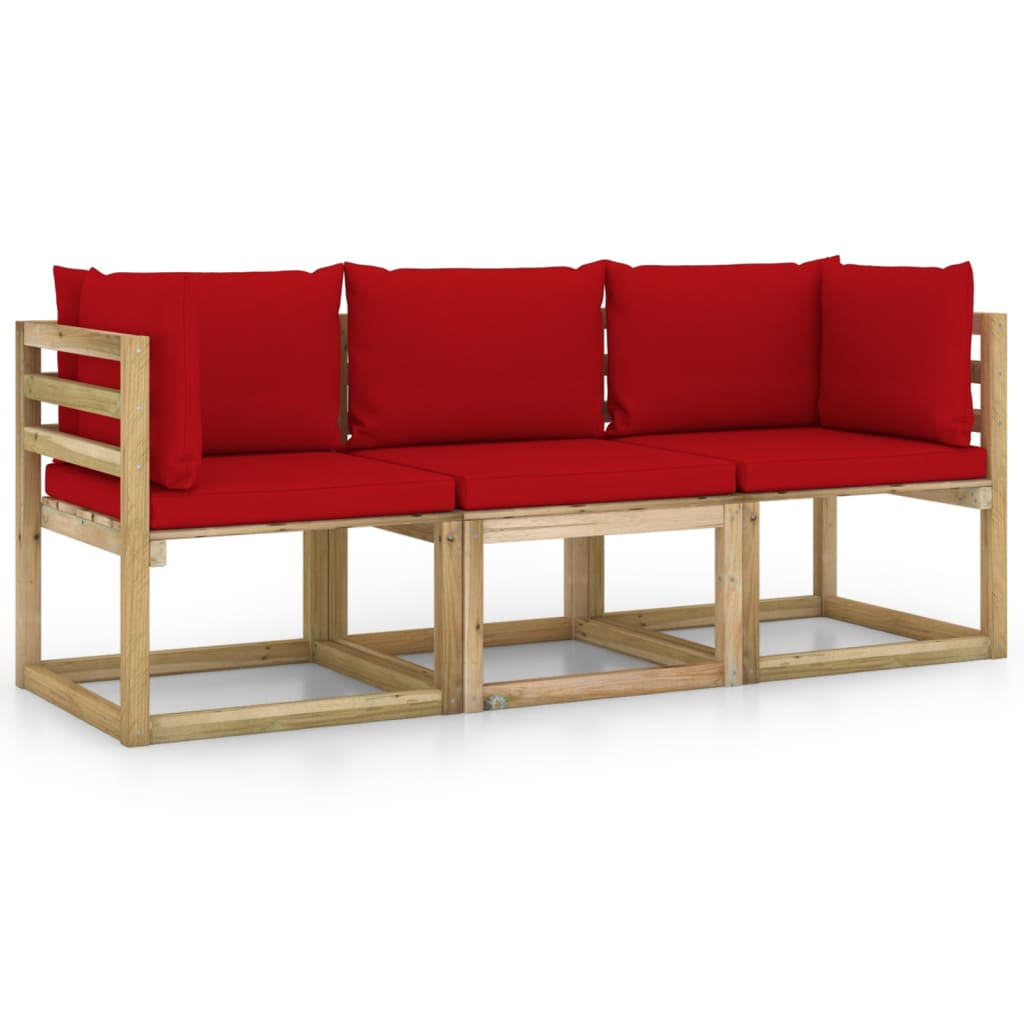 vidaXL Trivietė sodo sofa su raudonos spalvos pagalvėlėmis
