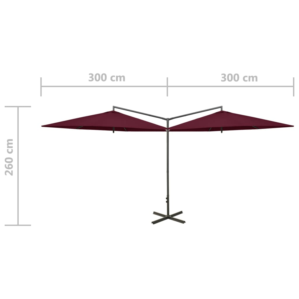 vidaXL Dvigubas skėtis su plieniniu stulpu, vyšninės spalvos, 600cm