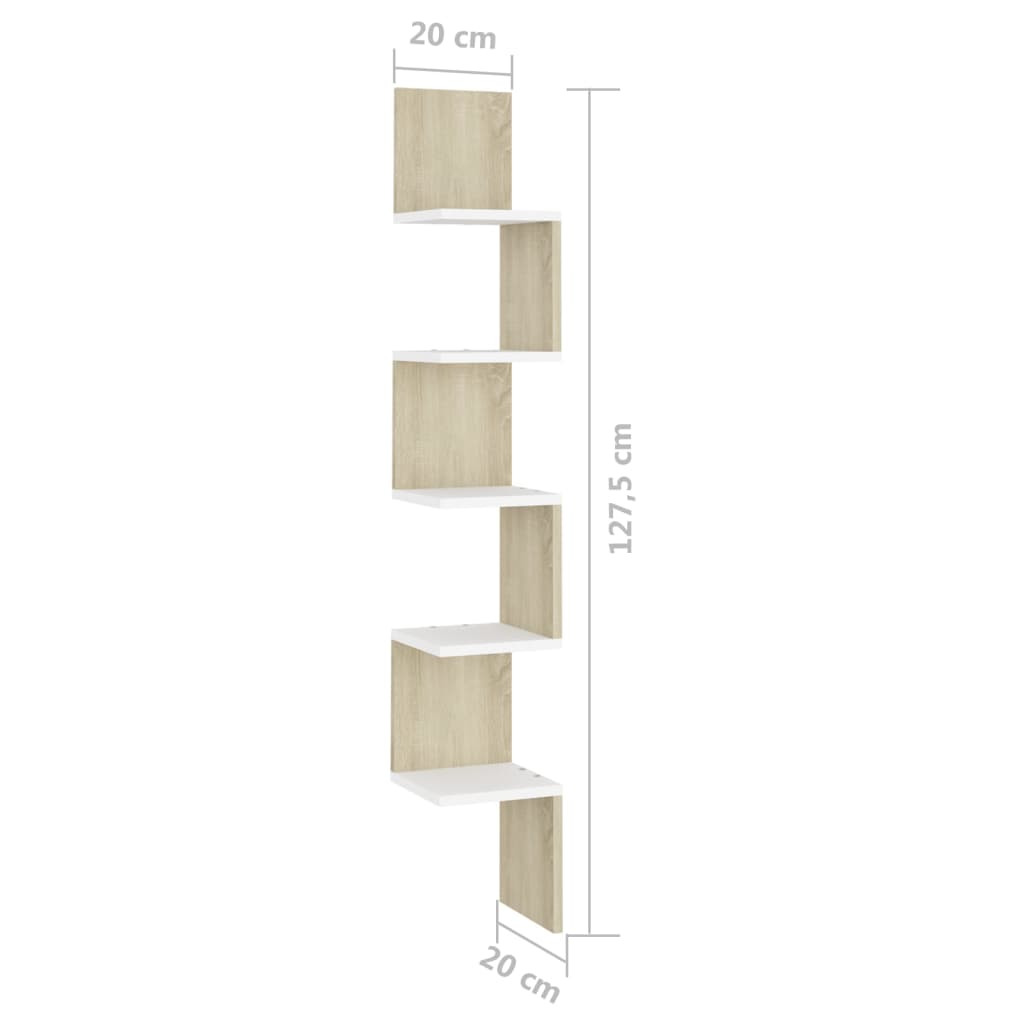 vidaXL Sieninė kampinė lentyna, balta/ąžuolo, 20x20x127,5cm, mediena