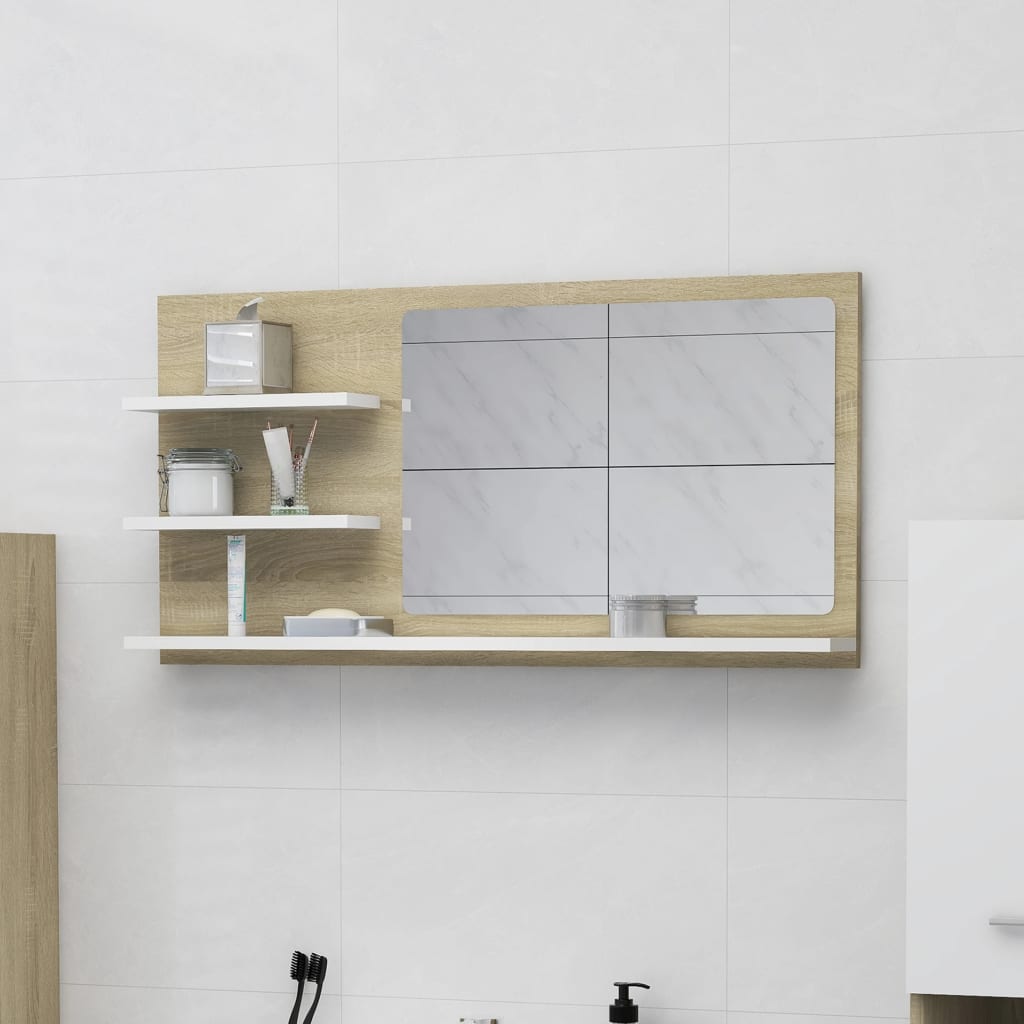 vidaXL Vonios kambario veidrodis, baltas ir ąžuolo, 90x10,5x45cm, MDP