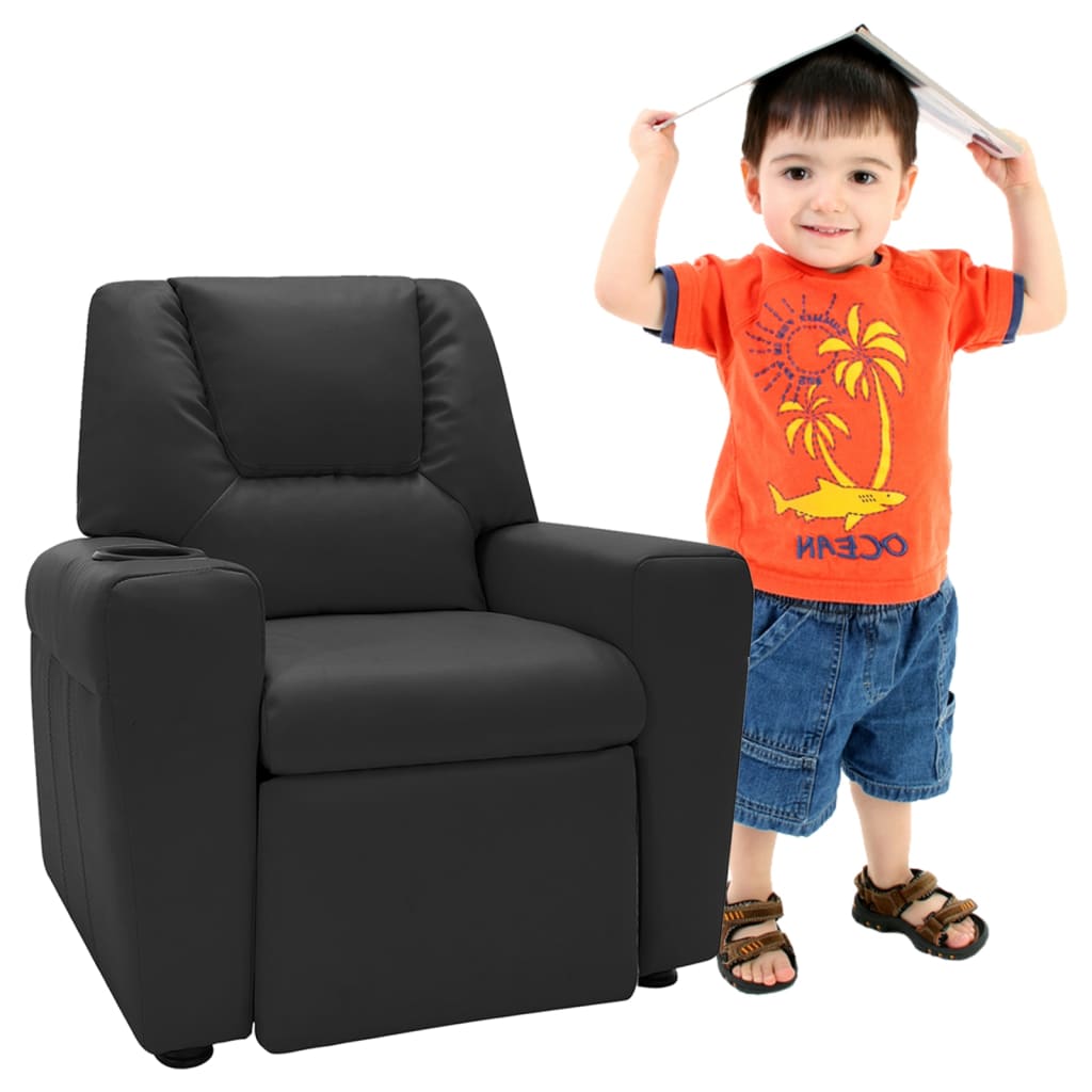 vidaXL Vaikiškas atlošiamas krėslas, juodos spalvos, dirbtinė oda