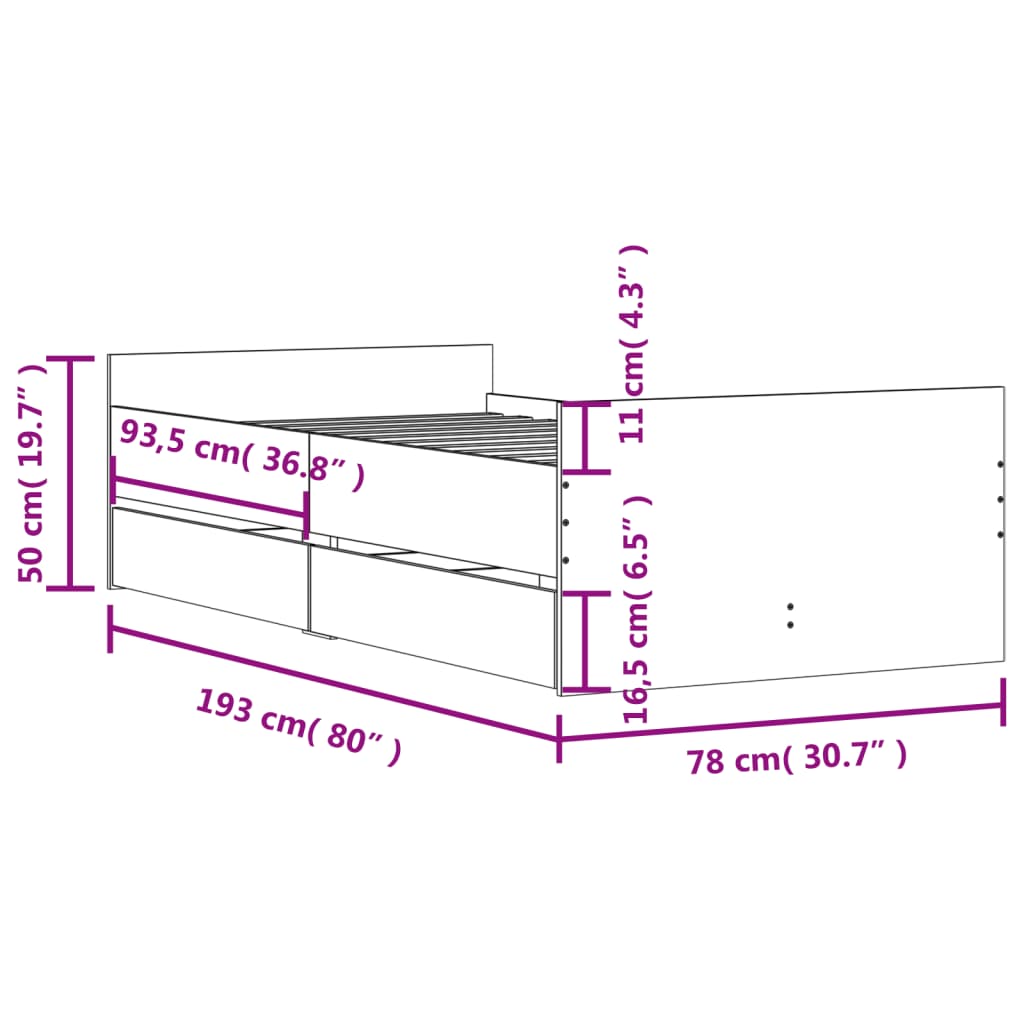 vidaXL Lovos rėmas su stalčiais, dūminis, 75x190cm, mažas vienvietis