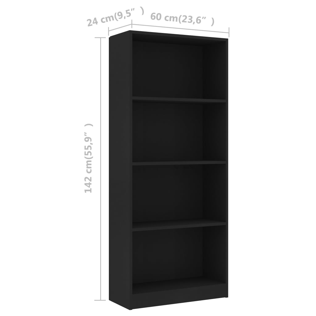 vidaXL Spintelė knygoms, 4 lentynos, juodos spalvos, 60x24x142cm, MDP