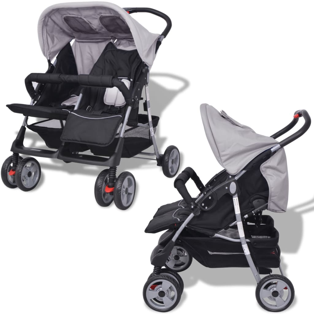 vidaXL Vaikiškas vežimėlis dvynukams, pilkas ir juodas, plienas