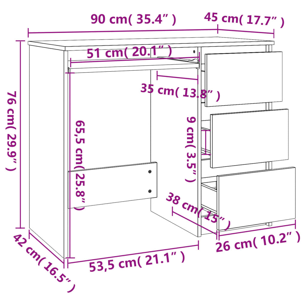 vidaXL Rašomasis stalas, baltas, 90x45x76cm, apdirbta mediena, blizgus