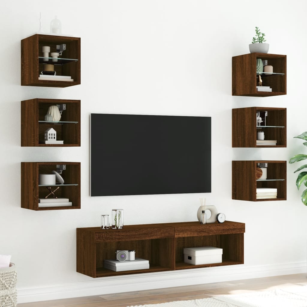 vidaXL Sieninė TV sekcija su LED, 8 dalių, ruda ąžuolo, mediena