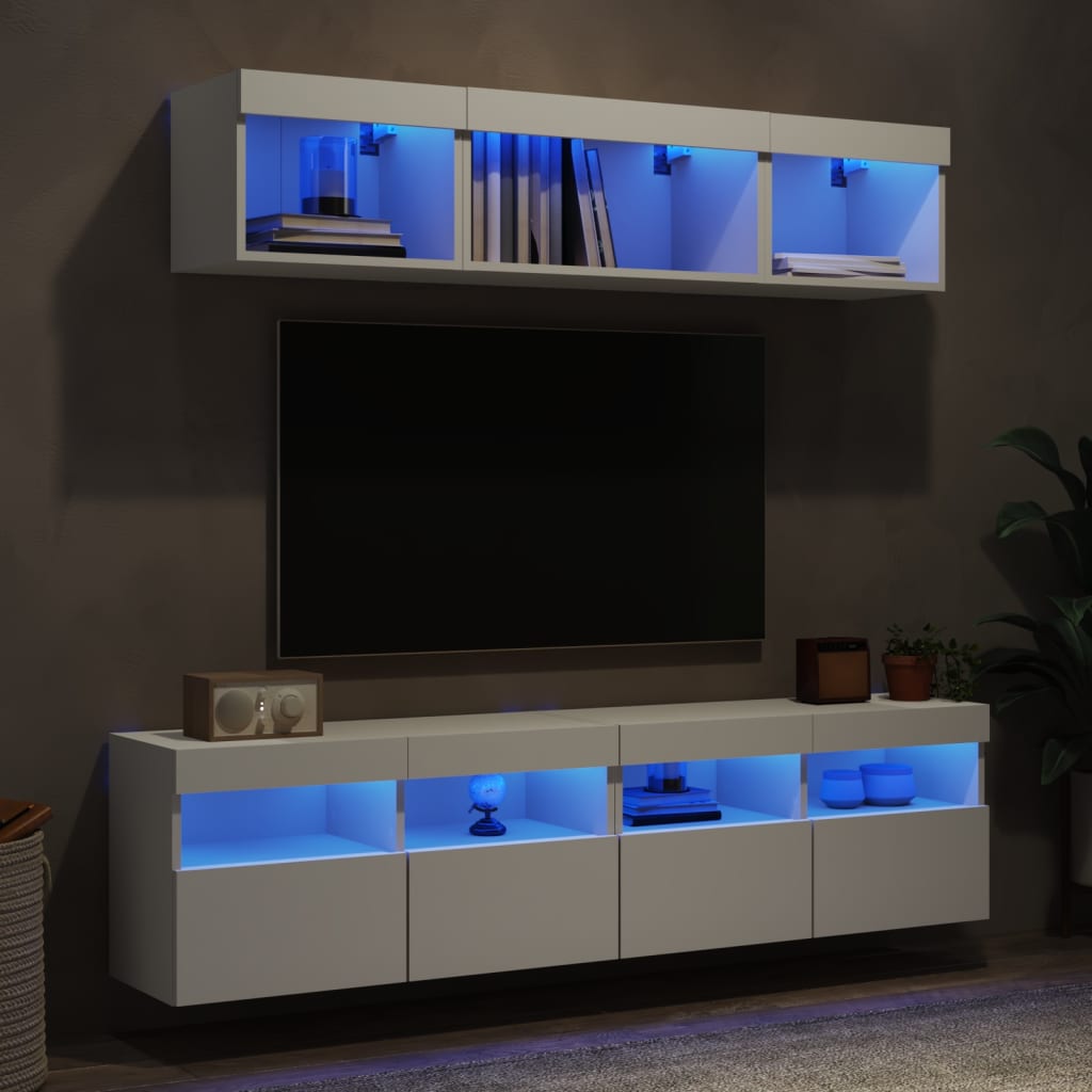 vidaXL Sieninė TV sekcija su LED, 5 dalių, balta, apdirbta mediena