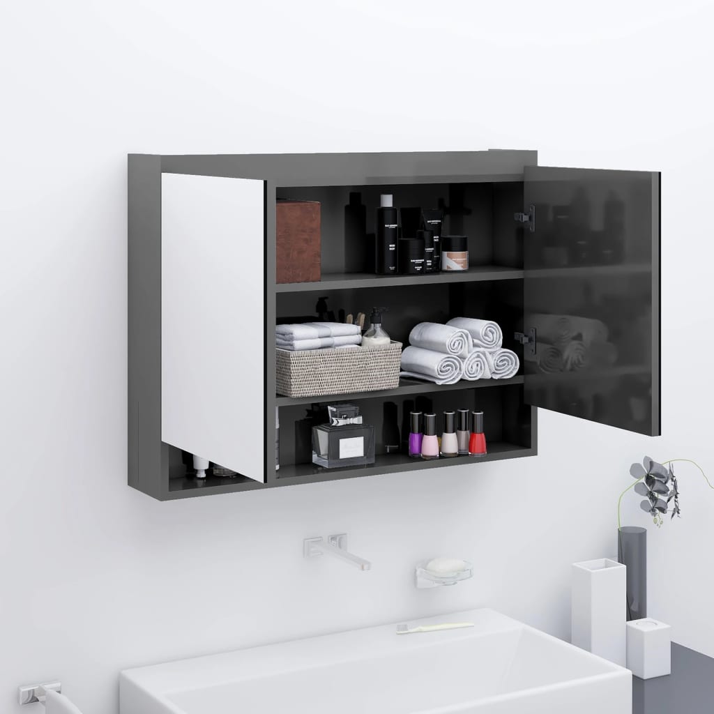 vidaXL Veidrodinė vonios spintelė, pilka, 80x15x60cm, MDF, blizgi