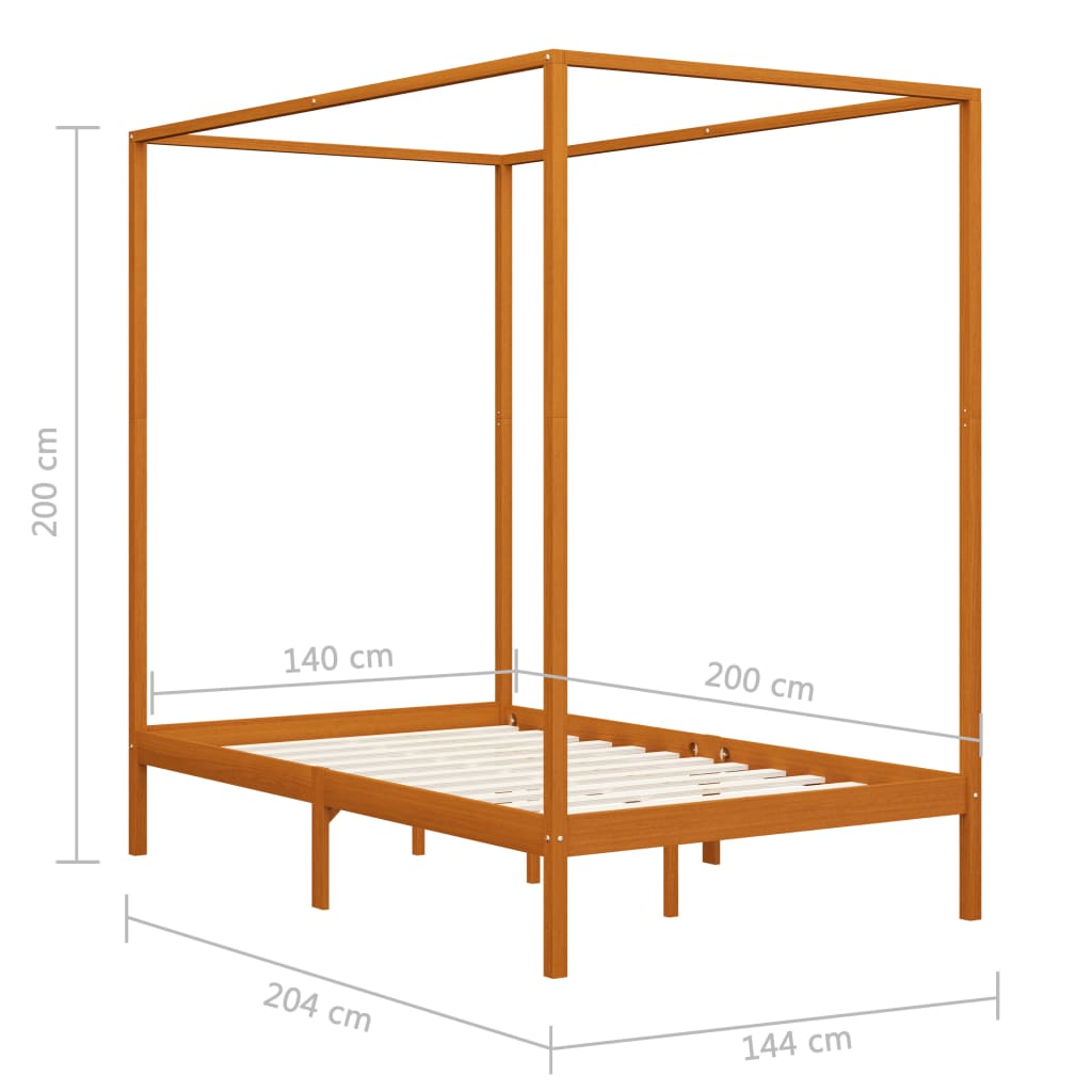 vidaXL Lovos rėmas su baldakimu, rudas, 140x200cm, pušies masyvas