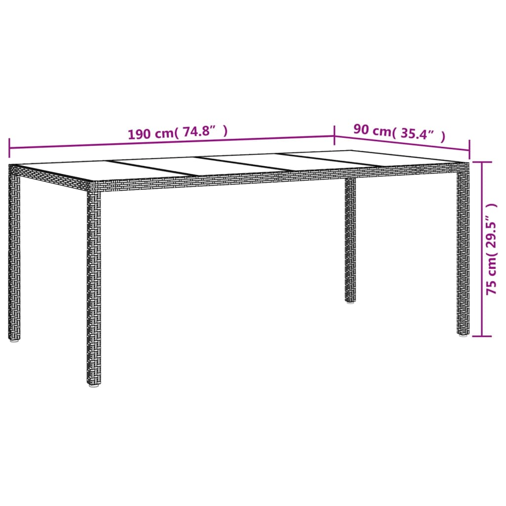 vidaXL Sodo stalas, juodas, 190x90x75cm, grūdintas stiklas/poliratanas