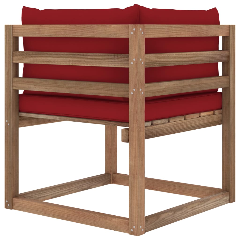 vidaXL Kampinė sodo sofa iš palečių su vyno raudonomis pagalvėlėmis