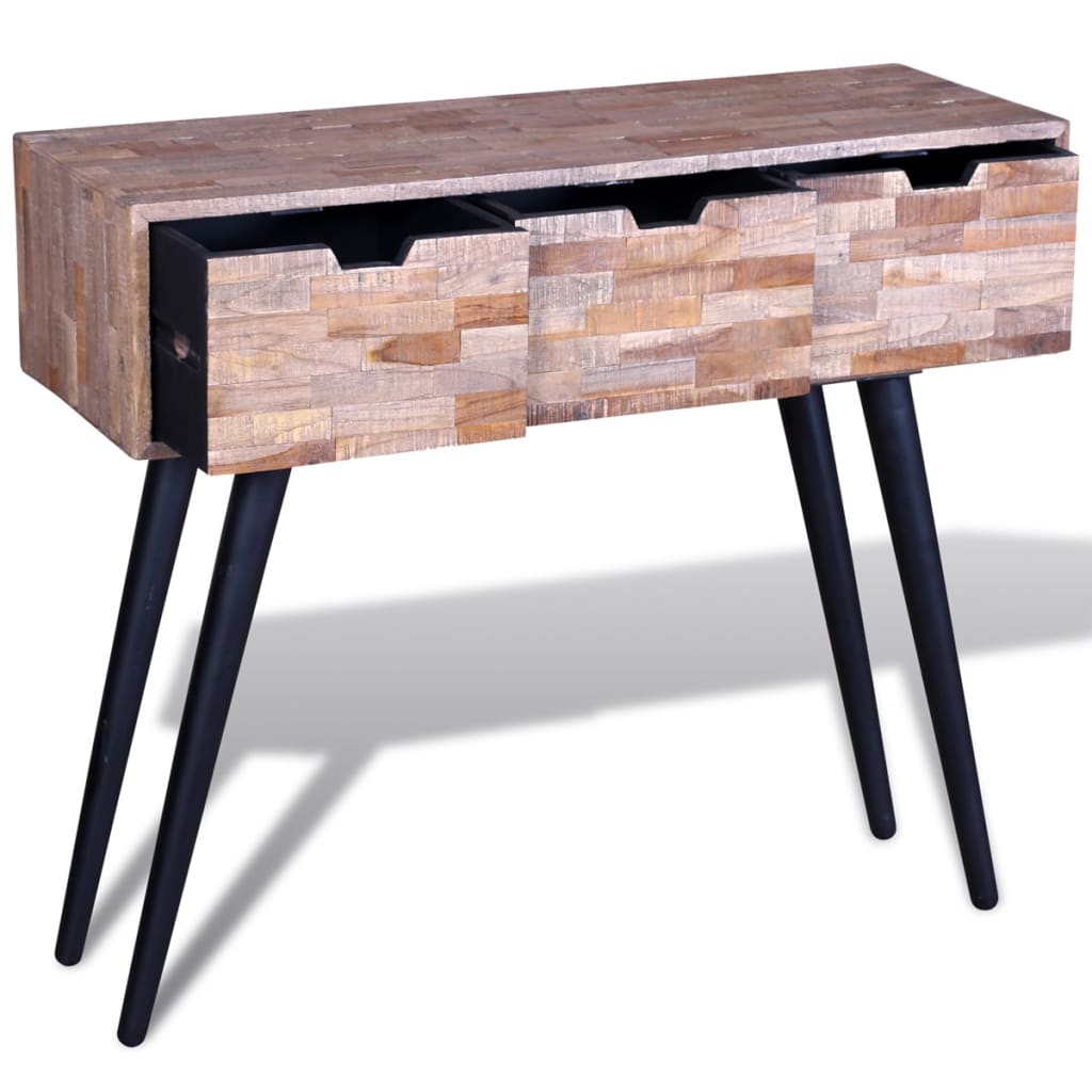 vidaXL Konsolinis staliukas su 3 stalčiais, perdirbta tikmedžio med.