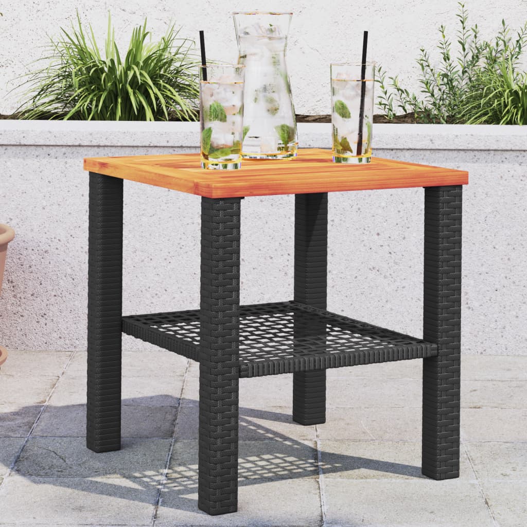 vidaXL Sodo stalas, juodas, 40x40x42cm, poliratanas/akacijos mediena