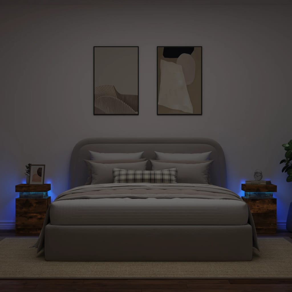 vidaXL Naktinės spintelės su LED, 2vnt., dūminio ąžuolo, 35x39x55cm