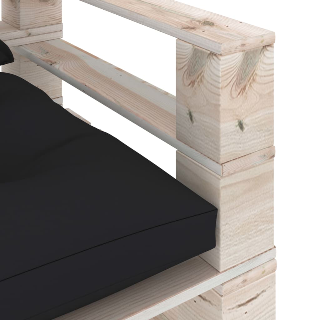 vidaXL Sodo sofa iš palečių su juodomis pagalvėlėmis, pušies mediena