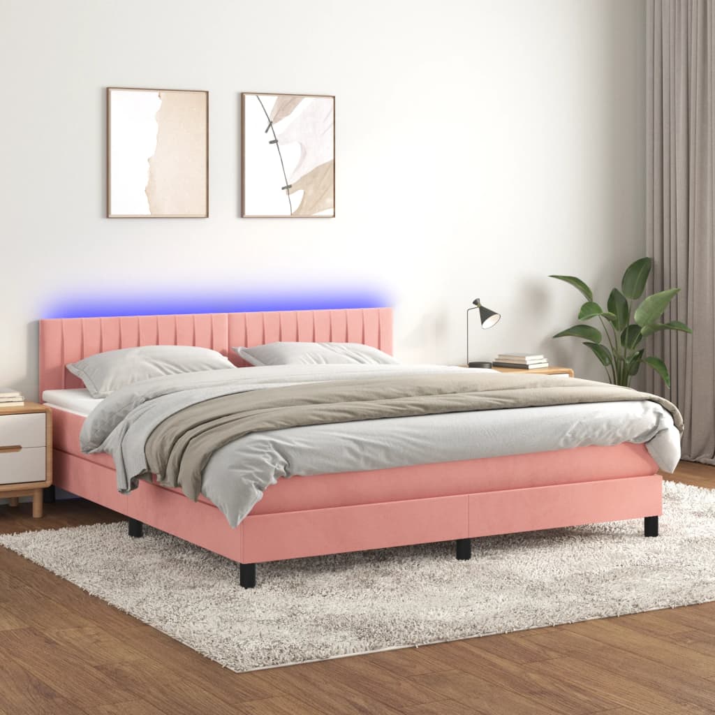 vidaXL Lova su spyruoklėmis/čiužiniu/LED, rožinė, 180x200cm, aksomas