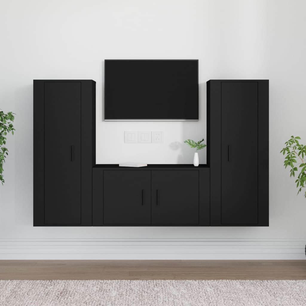 vidaXL Televizoriaus spintelių komplektas, 3 dalių, juodas, mediena