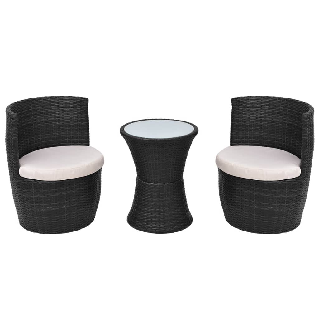 vidaXL Bistro baldų komplektas su pagalvėmis, 3d., juodas, polirat.